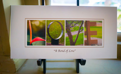 Love spelled out in items inside of photos